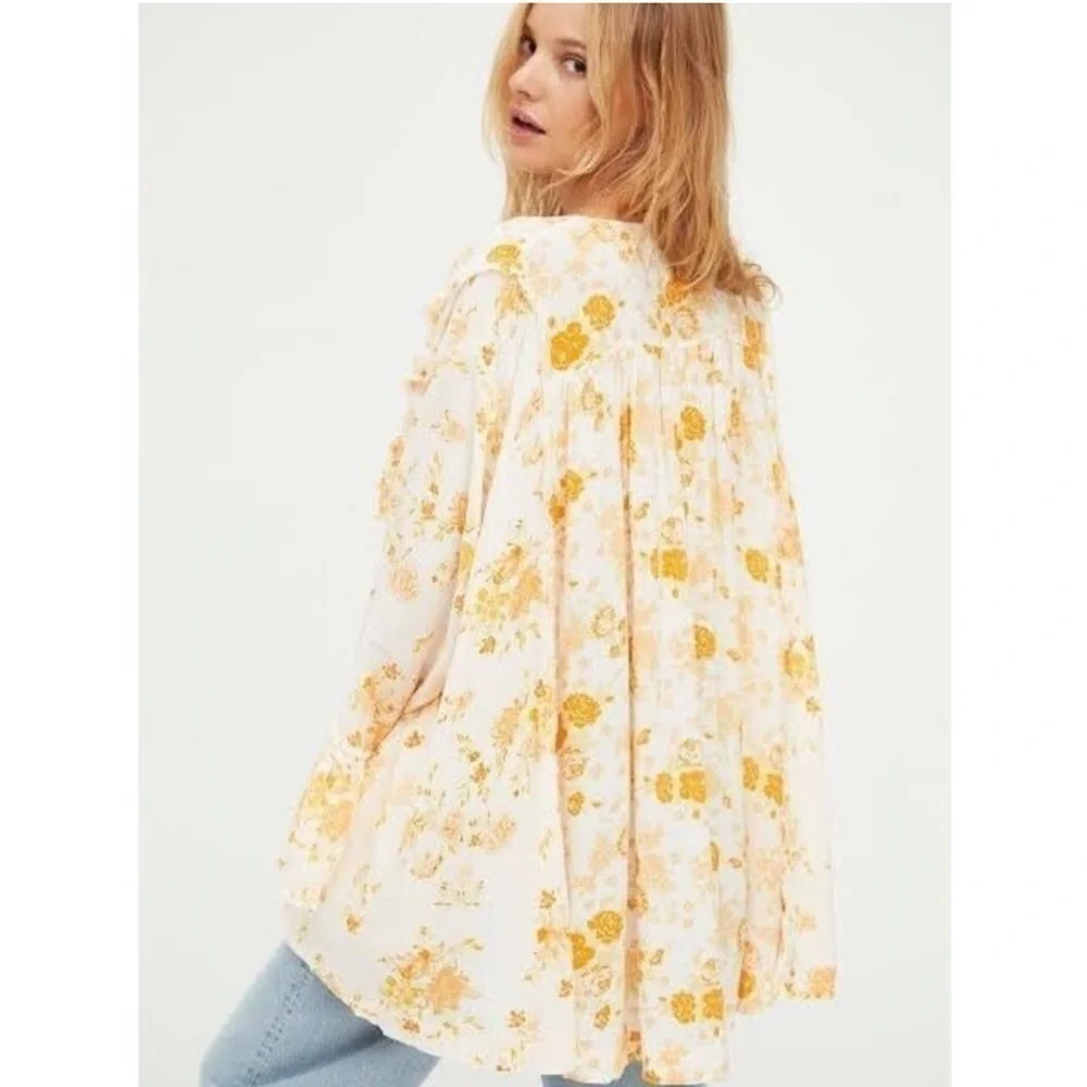 Free People Loretta Tunic Top Tea Combo Cream Yellow Floral Print Ruffle Boho